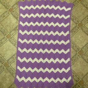 Vintage Small Afgan Throw Blanket Striped Purple White Crochet Handmade 42x25